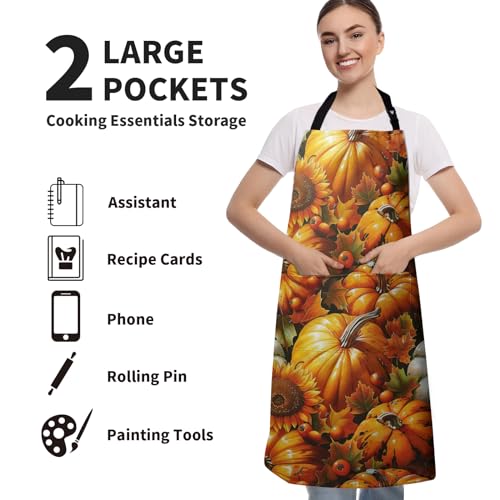 Fall Watercolor Pumpkins Aprons with Pockets Autumn Orange Sunflower Flowers Apron with Adjustable Neck Thanksgiving Day Harvest Farmhouse Chef Cooking Apron for Women Men Dinner Baking BBQ - color: Fall Pumpkin-b