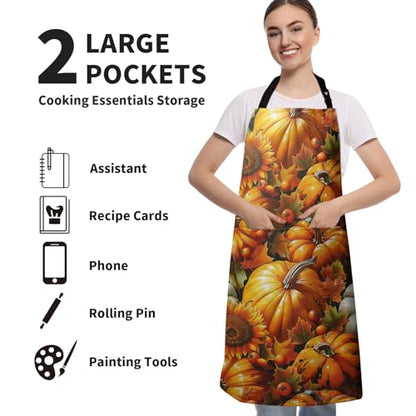 Fall Watercolor Pumpkins Aprons with Pockets Autumn Orange Sunflower Flowers Apron with Adjustable Neck Thanksgiving Day Harvest Farmhouse Chef Cooking Apron for Women Men Dinner Baking BBQ - color: Fall Pumpkin-b