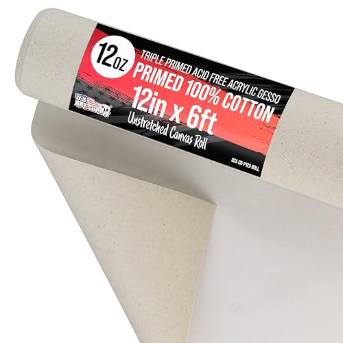 U.S. Art Supply 12-Ounce Triple Primed Gesso 12" Wide x 6' Long (2 Yards), 100% Cotton, Acid-Free - Unstretched Canvas Rolls for Painting, Oil & Acrylic, Murals - Cut to Frame Size - size: 12-Inch-x-2-Yards