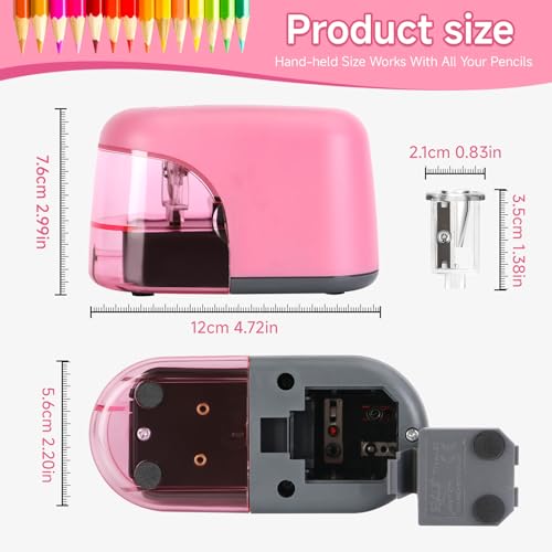 Battery-Operated Electric Pencil Sharpener with LED Light – Compact & Portable Pencil Sharpener for Home, School, or Office Use (Pink) - color: Pink