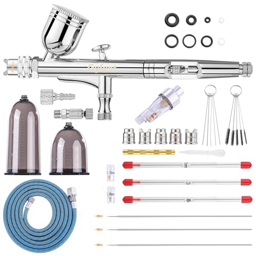 Gyfent Dual-Mode Airbrush Gun Kit with 3 Quick-Release Nozzle Sets | 0.3/0.5/0.8mm, Dual-Action Gravity Feed Air Brush with 1/4oz Fluid Cup & 20/40ml Resin Cup for Nail Art Painting Makeup Cake - size: Dual-Mode