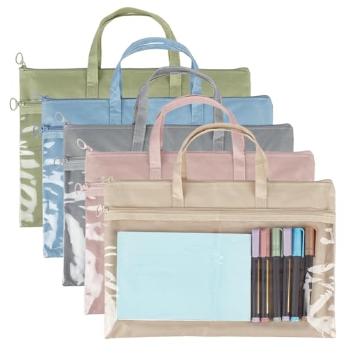PH PandaHall 5 Colors Zipper Pouch with Handle, 9.8"x13.2" Double Layer Waterproof File Pockets Cloth Document Storage Bags with Transparent Window for School Office Travel Cross Stitch Project