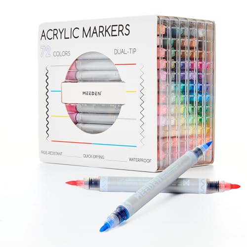 MEEDEN Acrylic Paint Markers Dual Tip: 72 Colors Brush & Round Tip for Art | Waterproof Water-based Coloring Markers with Automatic Ink Control for Wood, Canvas, Glass, Rock, DIY, Ceramic, DIY Crafts - color: 72 Colors
