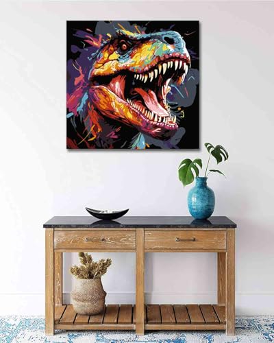TOCARE Framed Paint by Numbers Kit for Adults Beginners & Kids Ages 8-12, 12x12inch Dinosaur Paint by Number with Frame,Dinosaur Paint by Numbers Framed Canvas for Amimal Lover (Without Easel) - color: TC-F-292