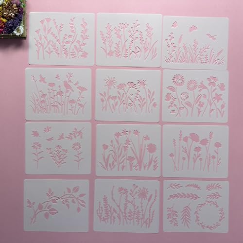 Wildflower Painting Stencils, Reusable Craft Stencils for Walls, Furniture, Wood Floors, DIY Art, Variety of Styles, 5.9 x 4.7 Inch, 12 Pack - color: 12 Wildflower