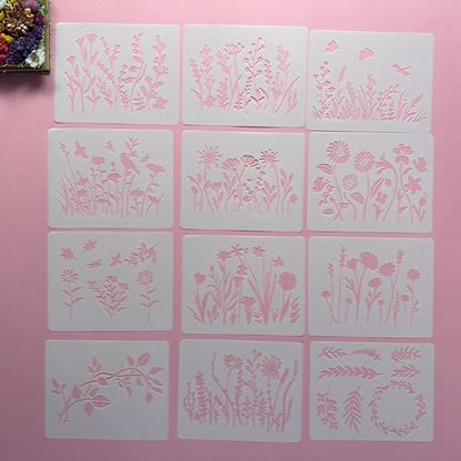 Wildflower Painting Stencils, Reusable Craft Stencils for Walls, Furniture, Wood Floors, DIY Art, Variety of Styles, 5.9 x 4.7 Inch, 12 Pack - color: 12 Wildflower