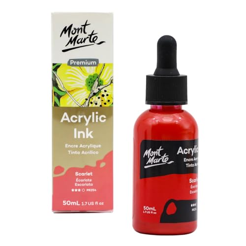 Mont Marte Acrylic Ink Premium 50ml - Scarlet, Acrylic Inks for Artists, Fluoro Colors, Ideal for Air Brush, Pouring Art, Scrapbooking, Ink Drawing, Mixed Media - color: Scarlet, size: 1.7 fl oz