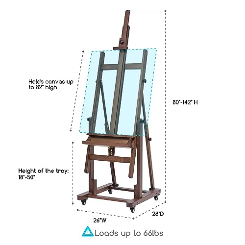 MEEDEN Extra Large H-Frame Studio Easel - Solid Beech Wooden Artist Professional Heavy-Duty Easel, Painting Art Easel Stand with 4 Premium Locking Silent Caster Wheels, Hold Max 82", Walnut - color: Walnut, size: Large