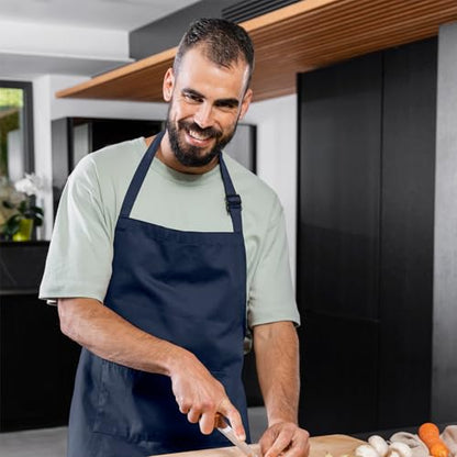 Adjustable Bib Apron 100% Polyester Kitchen Aprons Waterdrop Resistant Aprons with Adjustable Strap, Pockets & Long Ties - color: Navy Blue, style: Pack of 2