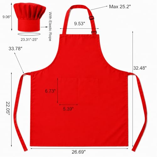 Tosewever Chef Apron Hat Set for Women and Men, Adjustable Bib Apron with 2 Pockets Costume Apron for Father Kitchen Cooking - color: Red