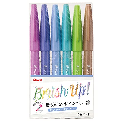 Pentel Brush Touch Sign Pen, Set of 6 Colors - color: 6 colors, bright nuanced colors