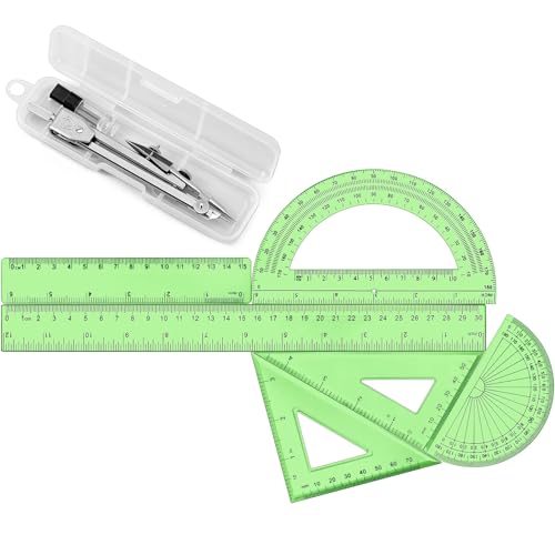 Zonon 7‑Piece Geometry Set with Drawing Compass, 6 & 4 Inch Protractors, Triangle Rulers and Straight Rulers, Transparent Math Drafting Supplies for Back to School, Students and Office Use(Green) - color: Green