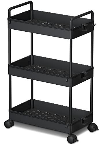 Ronlap 3 Tier Slim Rolling Storage Cart with Wheels Utility Organizer,Black | For bathroom, laundry, kitchen, bedside & dorm. Fits art, craft, snack, makeup, nail, diaper & postpartum baby supplies - color: Black
