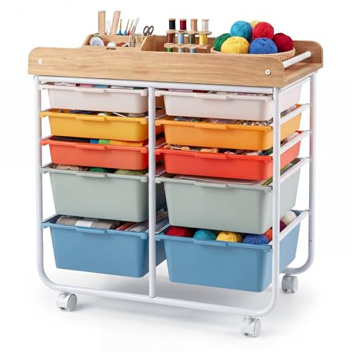 BECOMFORT 10-Drawers Rolling Utility Cart, Storage Cart on Wheels, Teacher Classroom Organizers with Wooden Tabletop & Lockable Wheels, Mobile Trolley Craft Cart for Art Paper Tools School Office - color: Macaron, size: 10 Drawers (4 Big +6 Small)