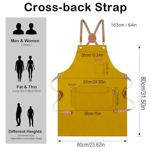 Genixart Chef Apron Men Women, Kitchen Aprons Cooking, BBQ - Yellow | Box Packed, Cotton Canvas, Cafe, Bar, Workshop, Restaurant, Water & Oil Stain Resistant, Cross Back Adjustable, Large Pockets - color: Yellow