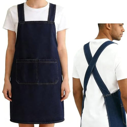Denim Cross Back Aprons for Women with Front Pockets | Lightweight Cotton Adult Apron, Kitchen Cooking, Gardening, Painting, Pottery & Crafting, Durable & Stain-Resistant - color: Dark Blue