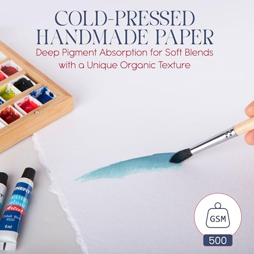 Wanderings Thick Handmade Watercolor Paper with Deckled Edge - 11x17-500GSM Premium White Cold-Pressed Textured Mixed Media Paper Made with Recycled Cotton - 15 Loose Leaf Sheets - color: White, size: 11x17 inches