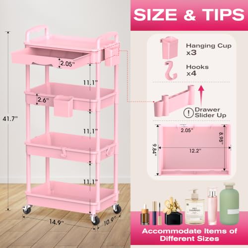 Goovilla Rolling Makeup Organizer Cart with Removable Drawer, 4 Tier Pink | Stable Floor Skincare Storage Cart for Vanity, Cosmetic Display, Nail Polish, Perfume, Hair Stuff, Beauty, Bathroom(Plastic) - color: Pink, size: 4 Tier