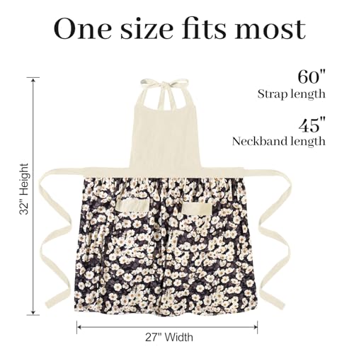 Cute Floral Apron for Women with Pockets, Cotton, Adjustable Straps - color: Black Beige