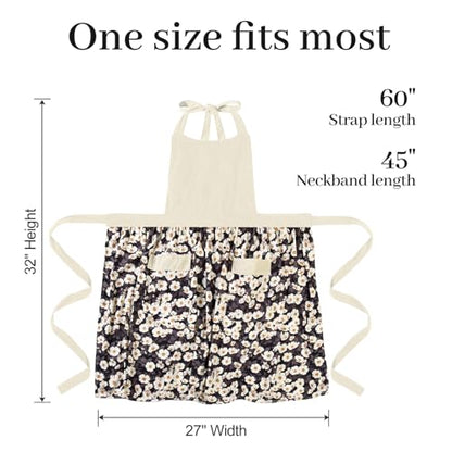 Cute Floral Apron for Women with Pockets, Cotton, Adjustable Straps - color: Black Beige