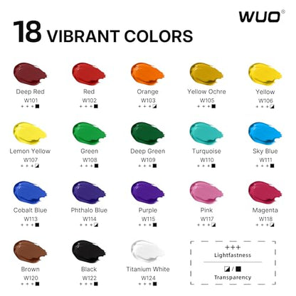 WUO 18 Colors Acrylic Paint Set, 250ml/8.45oz Professional Acrylic Paint | Large Bulk Rich Pigment Non-Toxic Multi-Surface Art Supplies for Artists Beginners Adults on Canvas Wood Rock Ceramic Crafts - color: 18 Colors