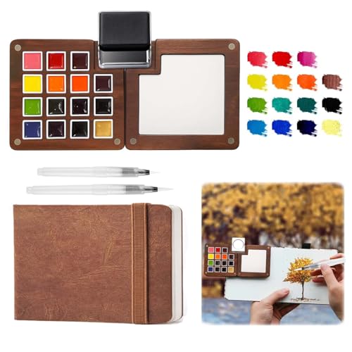Mini Watercolor Paint Set - 15 Color Travel Watercolor Palette Set - Portable Water Color Paint Set with Watercolor Journal, Binder Clips,Pens,Storage Bag, Wooden Box for Beginners Painters Artists Student - color: Red 15 Colors with Sketchbook