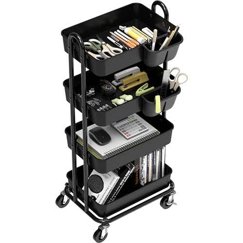 Simple Houseware 4-Tier Rolling Utility Cart with Hanging Bucket, Black - color: Black, size: 4-Tier