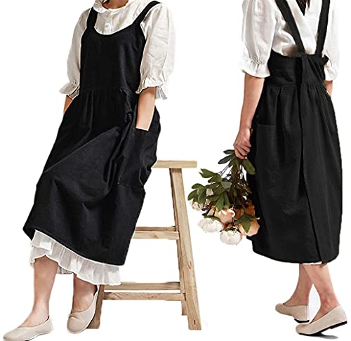 Women Girls Cross Back Apron Gardening Works Cotton Aprons Pinafore Dress - color: Black