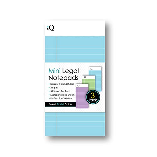 iScholar iQ Mini Legal Notepads, Narrow/Quad Ruled, 3" x 5", Assorted Pastel Colors, 50 Sheets Per Pad, Pack of 3 Pads (53513) - size: 3" x 5"