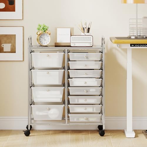 12 Drawer Rolling Storage Cart, Rolling Cart with Drawers for Classroom, Art Supply Craft Organizer on Wheel with Metal Frame & Handles for Home Office School (Clear, 12 Drawer Left-Right) - color: Clear, size: 12 Drawer Left-Right