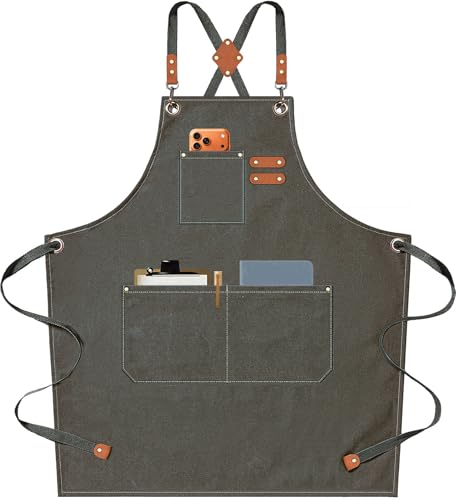 Chef Aprons for Men Women with Oversized Pockets, 16-Ounce Cotton Canvas Cross Back Heavy Duty Work Apron (Grey Green) - color: Grey Green