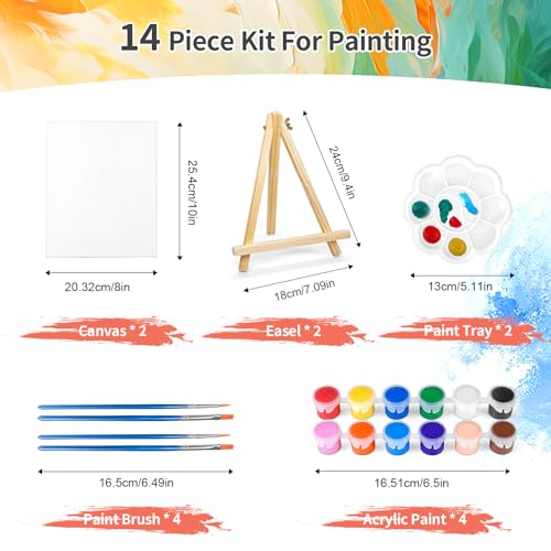 2 Pack 8 * 10In Canvas Boards for Painting, Art Canvas for Drawing with 4 Brushes & 2Paint Trays & 4 Acrylic Paint, Mini Painting Canvas with Easel Set, Painting Kits for Adults Party - style: Pack of 2
