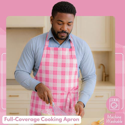Native Fab Kitchen Apron 2 Pack - 100% Cotton Adjustable, Durable Apron with Pockets, Perfect for Cooking, Baking, Grilling - color: Buffalo, Rose Pink