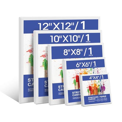 FUMILE Stretched Canvas for Painting Multi 5 Pack Square Canvas 4x4, 6x6, 8x8, 10x10, 12x12(1 of Each), Cotton Primed Acid Free Blank Canvases for Oil Paint, Acrylic Paint, Gouache and Tempera. - size: 4x4, 6x6, 8x8, 10x10, 12x12 in