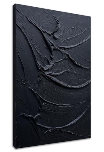 zoinart Hand Painted Thick Texture Black Minimalist Vertical Wall Art 24x36 Inches Black Oil Painting Contemporary Art Oil on Canvas Home Office Corridor Wall Art - color: BL-055