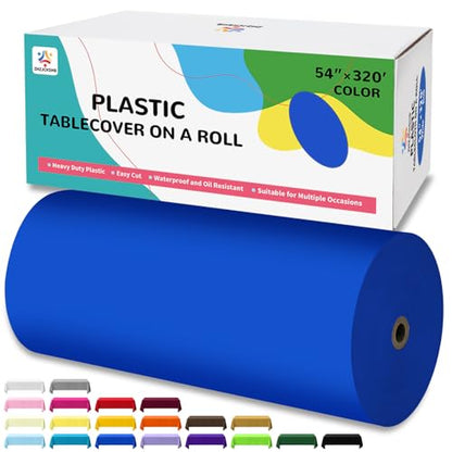 54IN X 320FT Plastic Table Cover Roll with Cutter Box, Cut to Size Plastic Table Cloths for Parties, Birthday, (Blue, 54"x3840"(Rectangular)) - color: Blue, size: 3840" x 54" (Rectangular)