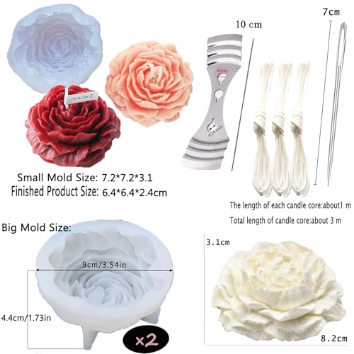 Large&Small Peony Flower Silicone Soap Molds 3PCS Peony Silicone Candle Mold with Large-Eye Wicking Needle,Candlewick for Chocolate Cake Candy Moulds Epoxy Resin Plaster Clay - color: off-white
