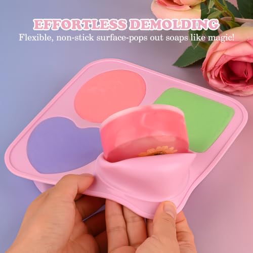 Sakolla 3 Pack Silicone Soap Molds, 4 Cavities Heart, Square, Round and Oval Silicone Molds for Handmade Soap, Candle and Mousse Cake (Pink, Green, Purple) - color: Pink Green Purple/3Pcs