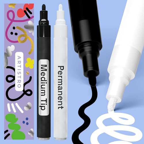ARTISTRO 2 Black & White Permanent Marker - Waterproof Markers for Tire, Fabric, Rocks, Glass, Ceramic, Wood, Paper - Oil Based Paint Pens - Medium Tip 3mm - color: Black & White, style: Medium Tip