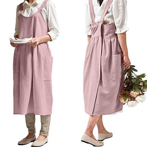 NEWGEM Japanese Cotton Cross Back Smock Apron for Women with Pockets Pink | Criss-Cross & No Ties, Cute Korean Pinafore Apron, Farm Style Work Apron for Kitchen Cooking, Baking, Gardening & Painting - color: 05 - Pink Without Waist Ties