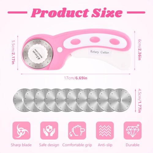 45mm Rotary Cutter for Fabric with 10pcs Replacement Blade, Rolling Fabric Cutter Crochet Edge Skip Stitch Blade for Quilting Crafts Sewing(COLOR:pink)