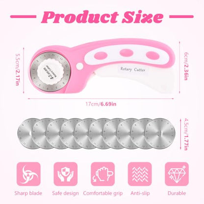 45mm Rotary Cutter for Fabric with 10pcs Replacement Blade, Rolling Fabric Cutter Crochet Edge Skip Stitch Blade for Quilting Crafts Sewing(COLOR:pink)