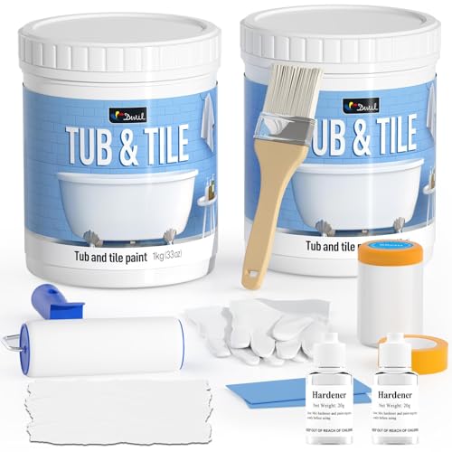 DWIL Tub Paint, Tub and Tile Refinishing Kit with Tools, Tile Refinishing Kit White Bathtub Paint Water Based &Low Odor, Easy to Use Sink for Bathroom Kitchen, Semi-Gloss White, 50-55sq.ft-2 Pack - color: White, size: 66 Fl Oz (Pack of 1)