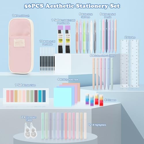 MoKo Pencil Case with Supplies, 56Pcs Aesthetic School Set, Pink | Includes 12 gel pens, 12 highlighters, 6 mechanical pencils, refills, sticky notes, index tabs, rulers and correction tapes. - color: Pink-56P