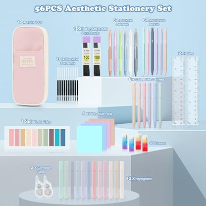 MoKo Pencil Case with Supplies, 56Pcs Aesthetic School Set, Pink | Includes 12 gel pens, 12 highlighters, 6 mechanical pencils, refills, sticky notes, index tabs, rulers and correction tapes. - color: Pink-56P