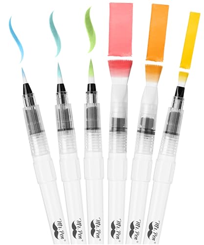 Mr. Pen- Watercolor Brush Pens, 6 pcs | 3 x Point Tips and 3 x Flat Tips Styles, Nylon Bristles, Refillable Watercolor Pens for Acrylic, Gouache, Crayons