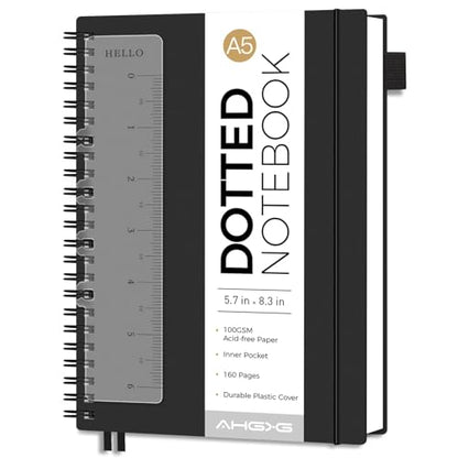 AHGXG Dotted Journal, Grid Spiral Notebook, 160 Pages, A5 (5.7" x 8.3") | 100 GSM Thick Dot Paper, Waterproof Plastic Cover Journals for Journaling, Sketching (Black) - color: Black, style: A5-Dotted