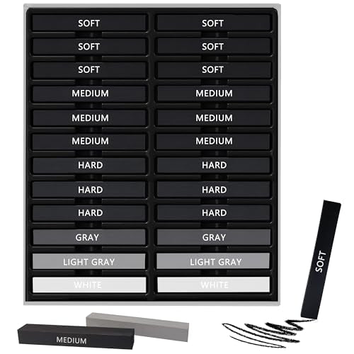 24 Pcs Compressed Charcoal Sticks with Soft, Medium, Hard and White Charcoal, Square Vine Charcoal Stick Kit for Drawing, Sketching and Shading, Art Supplies for Artists Beginners