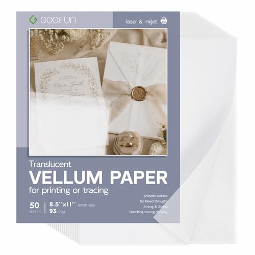 Translucent Vellum Paper 8.5 x 11, Goefun Vellum Paper Printable 50 Sheets | Printable Vellum Paper for Invitations, Wedding Envelope Liners, Belly Bands, Sketching, Tracing, Drawing - size: 8.5x11-50pcs
