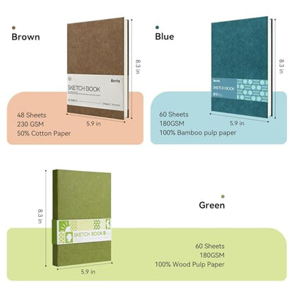 Arrtx Sketchbook, A5 (5.8 x 8.3 Inch) 100% Bamboo Drawing Paper, 180gsm, 60 Sheets, Hard Cover, Lay-Flat Binding,Acid-Free, for Pencil, Pen, Charcoal & Dry Media